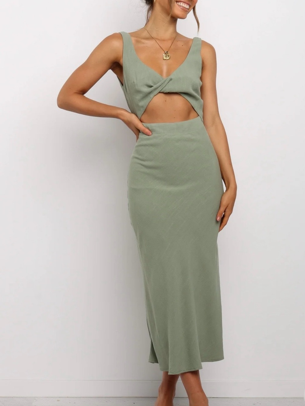 Petal & Pup Sage Twist Cutout Midi Dress